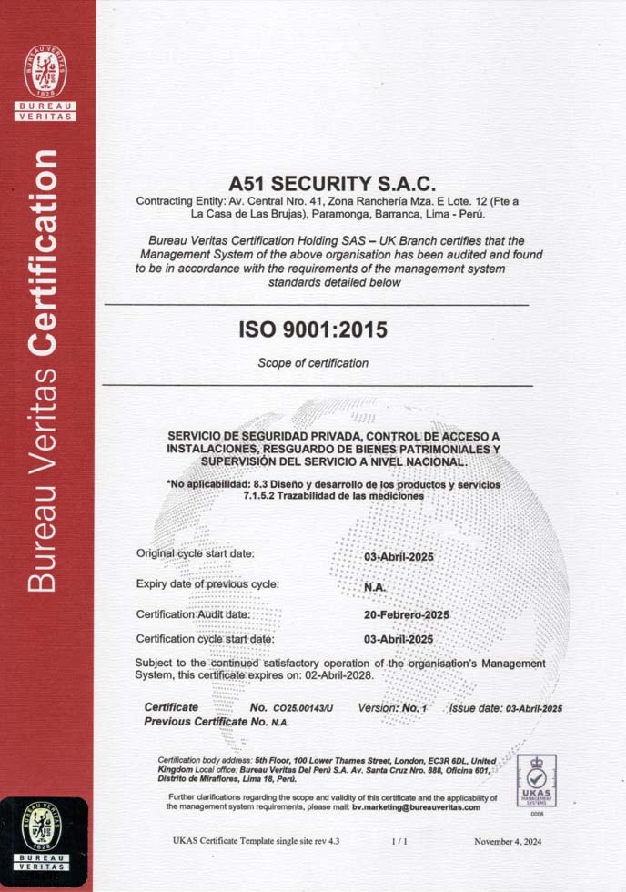 Certificado Bureau Veritas ISO 9001:2015