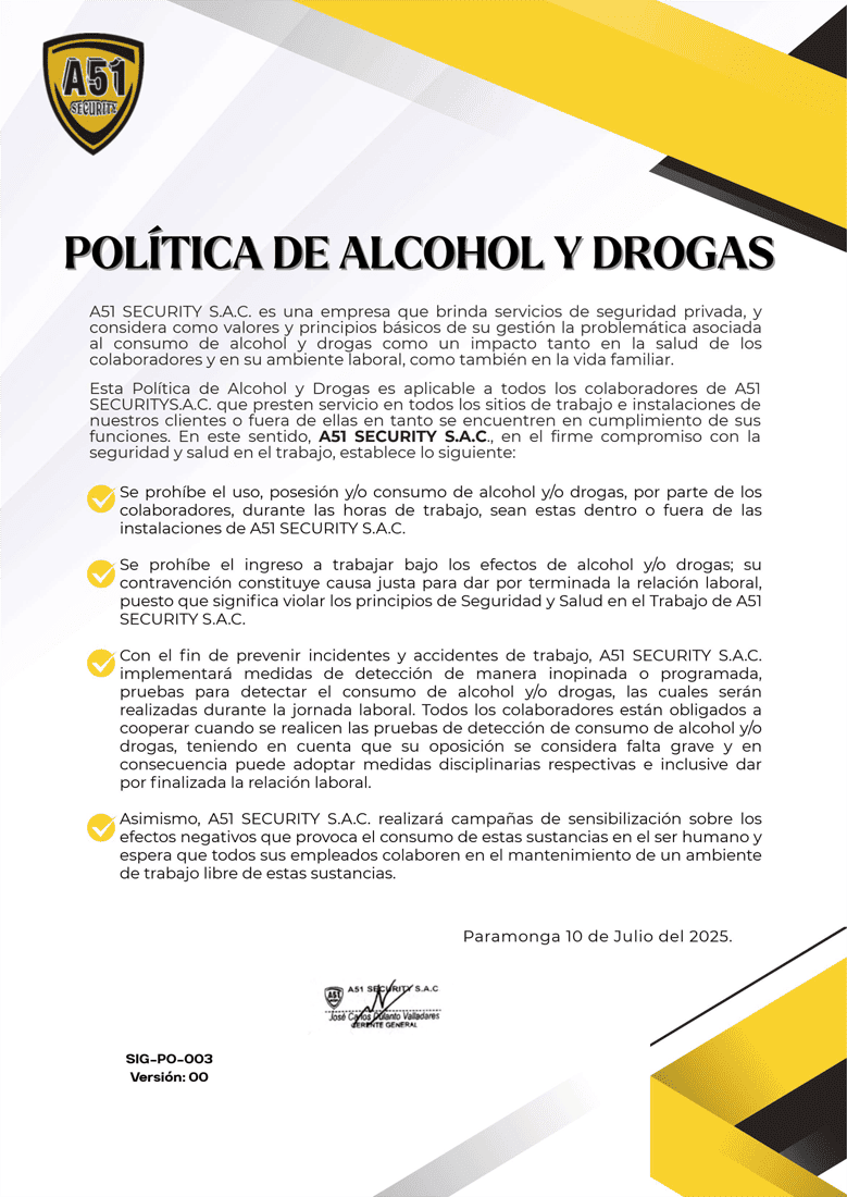 Política de Alcohol y Drogas - A51 Security